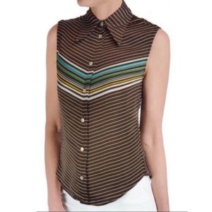 Miu Miu Top Chevron Brown Striped Satin Shirt Sleeveless Button Front Blouse